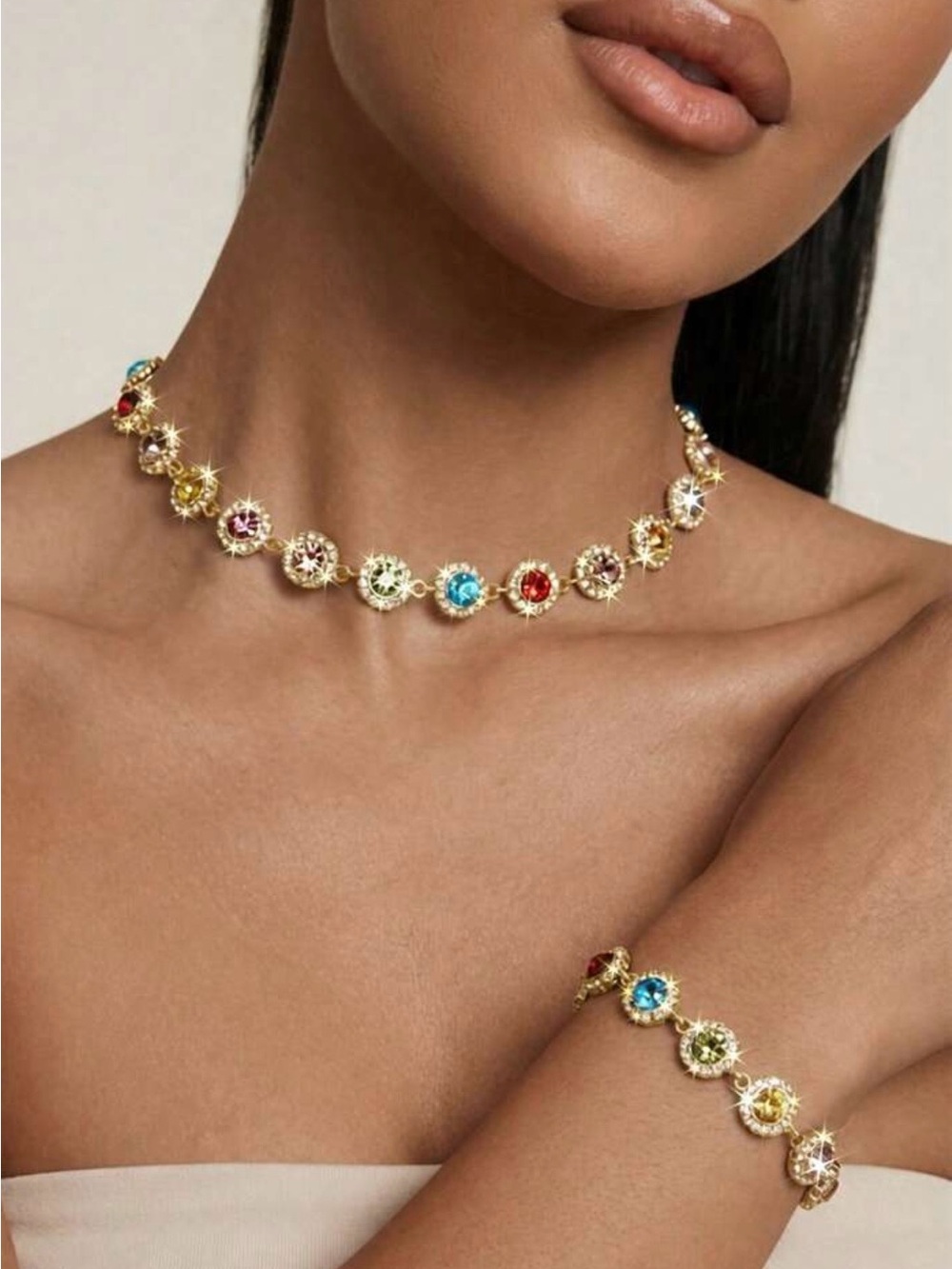 Gold Multicolor Crystal Choker Necklace and Bracelet Set